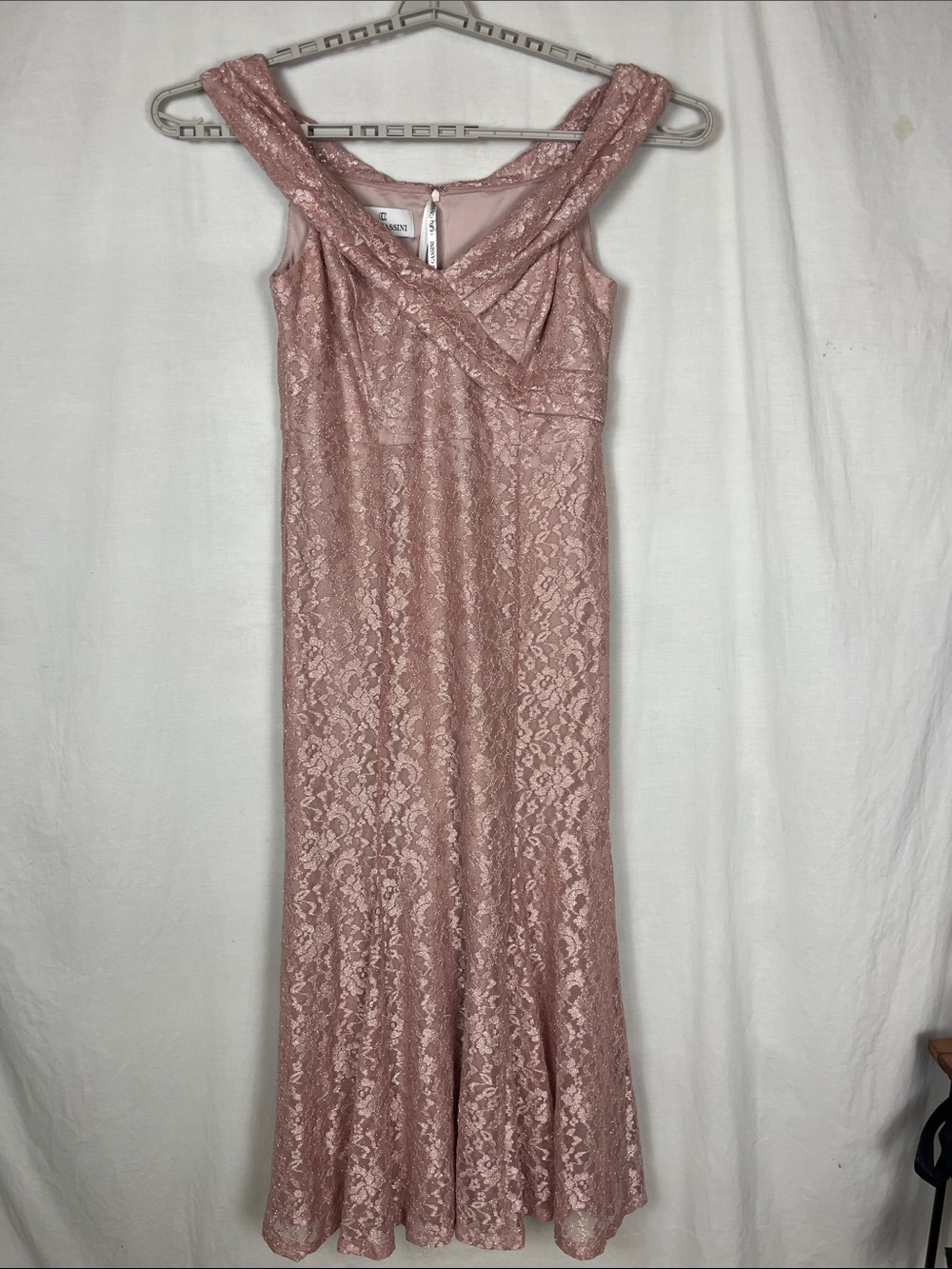 Oleg Cassini Blush Pink Sparkly V Neck Off the Shoulder Lace Maxi Dress